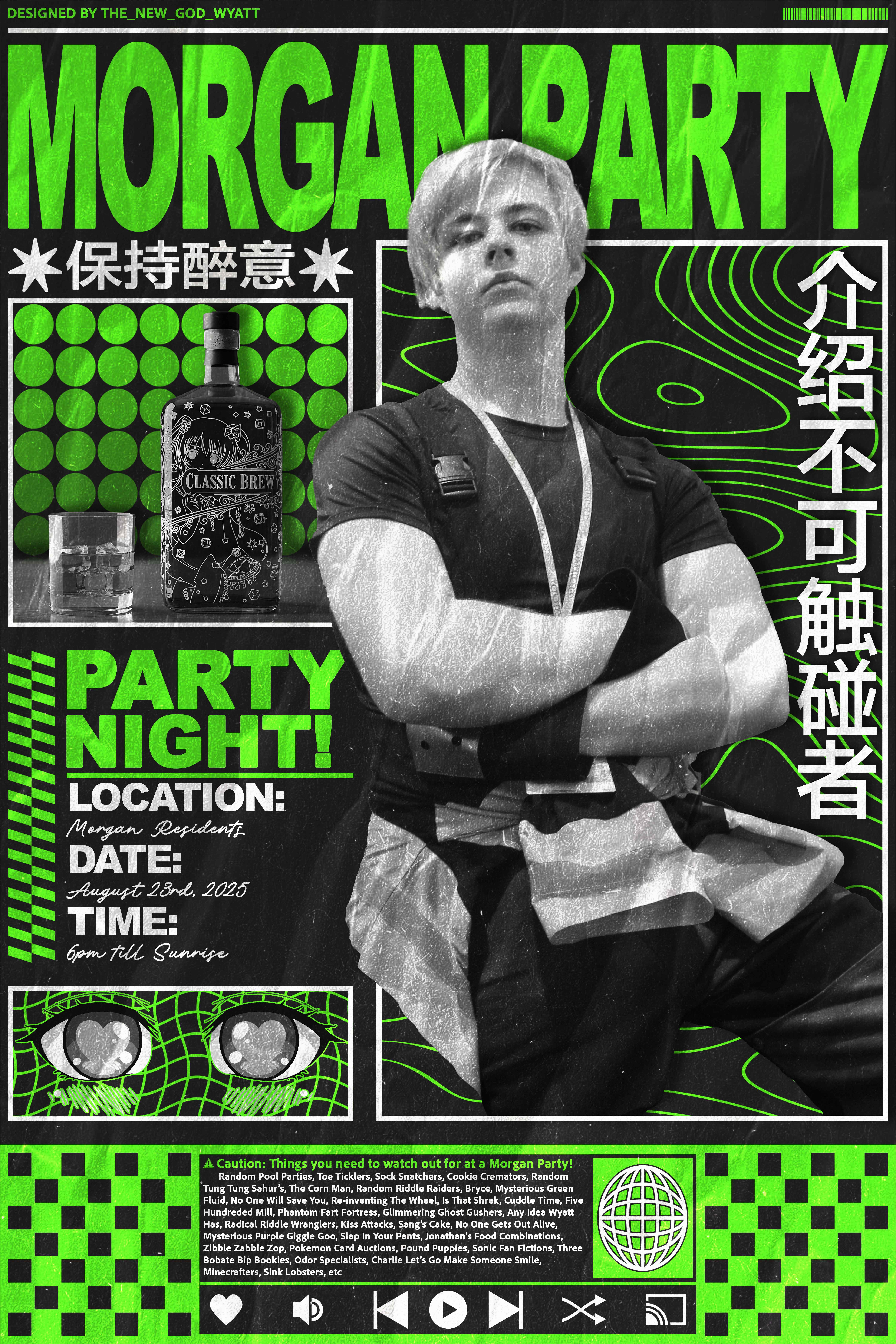 A green version of the Morgan Party Poster